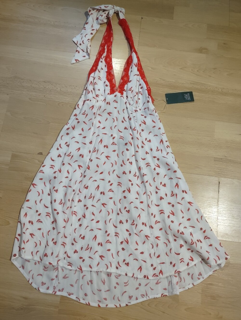 Wild Fable White Halter Dress with Red Peppers and Lace Trim